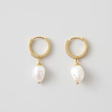 Baroque Pearl Pavé Diamond Huggie Earrings | 18K Solid Gold