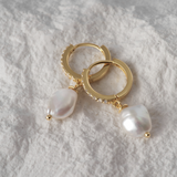 Baroque Pearl Pavé Diamond Huggie Earrings | 18K Solid Gold