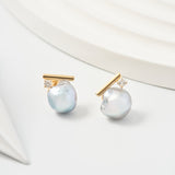 Gold Bar Baroque Pearls Diamond Earrings | 18K Solid Gold